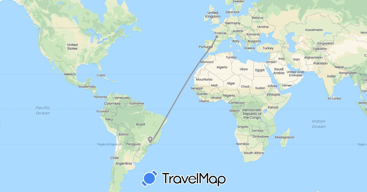TravelMap itinerary: driving, plane in Brazil, Spain, France (Europe, South America)